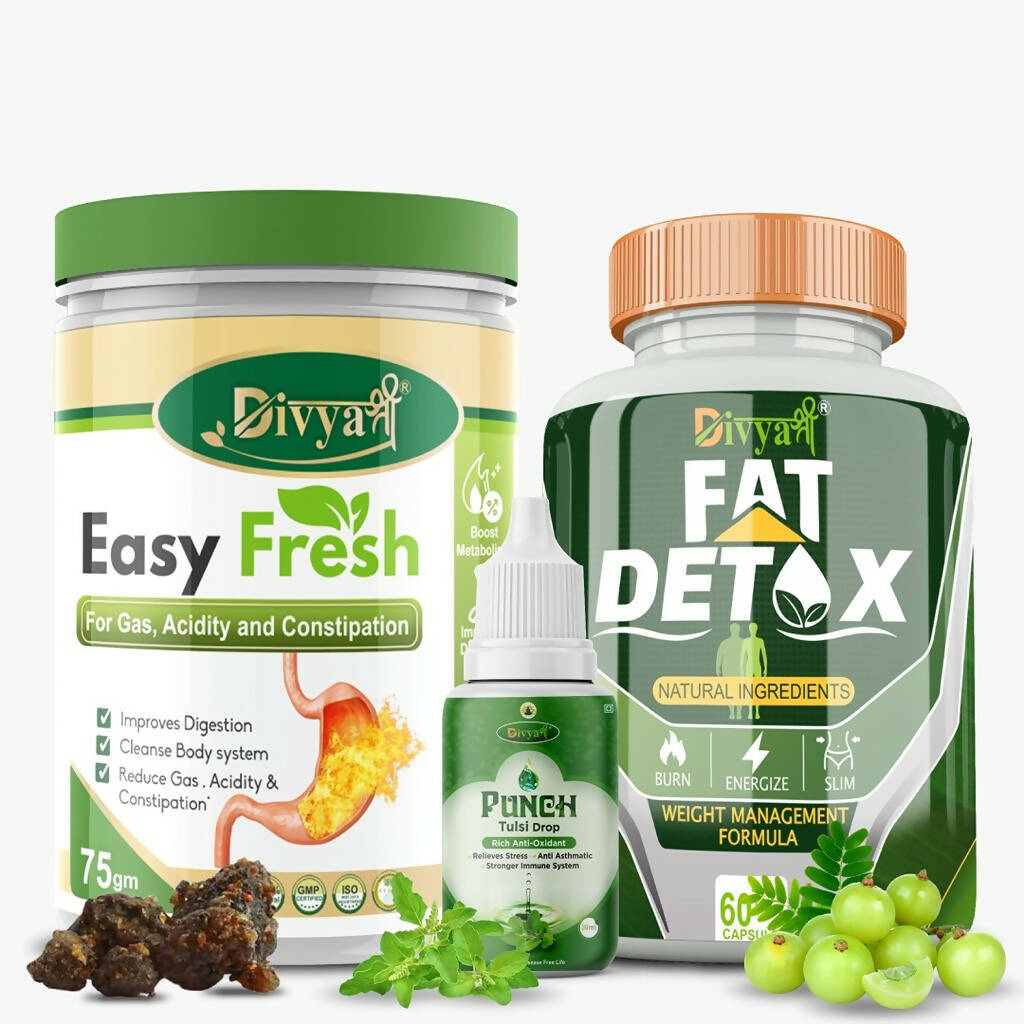 Buy Divya Shree Fat Detox unit-dose + Easy Fresh Powder & Punch Tulsi Drop Gas Combo Kit Online in USA from Chaijava. Fast shipping available.