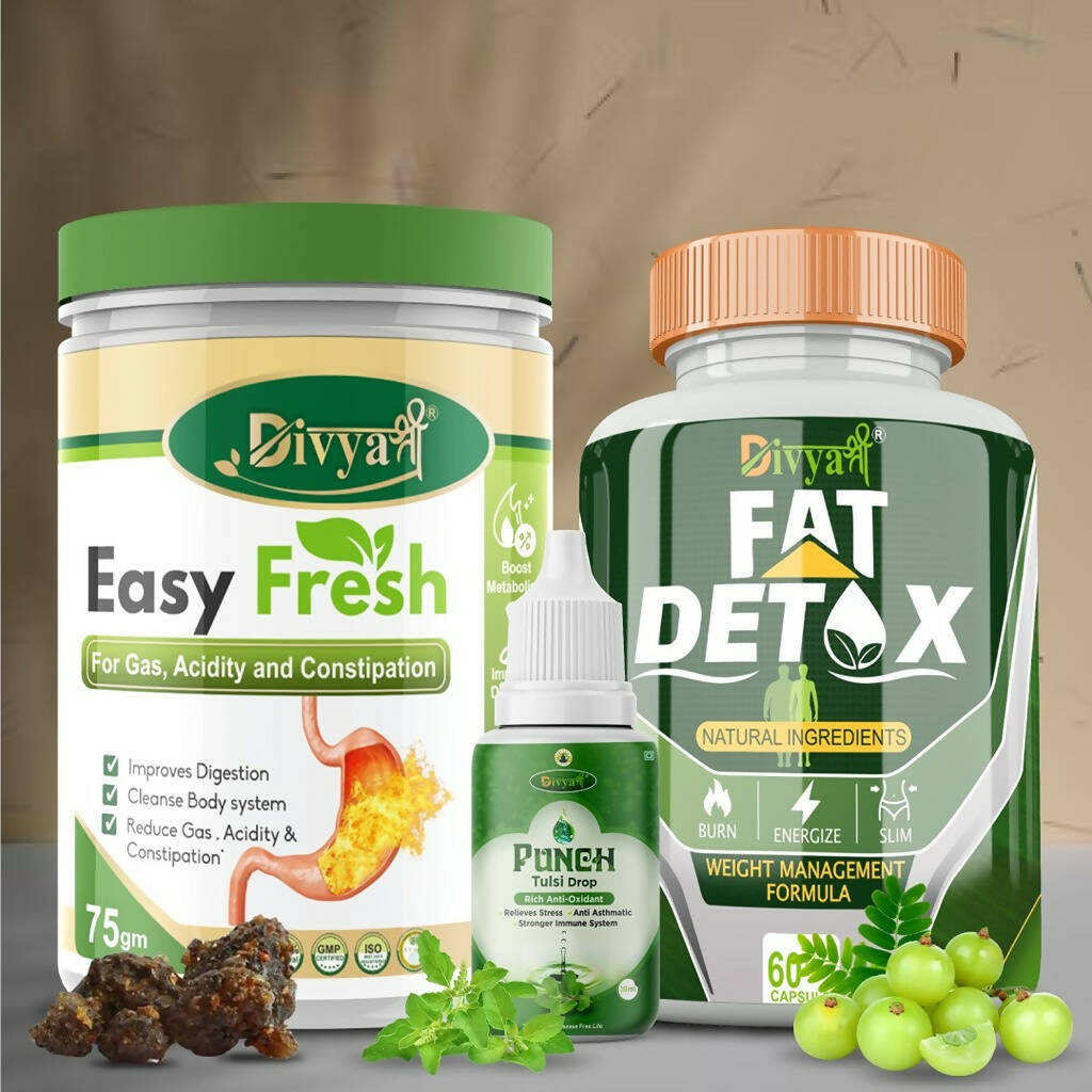 Divya Shree Fat Detox unit-dose + Easy Fresh Powder & Punch Tulsi Drop Gas Combo Kit