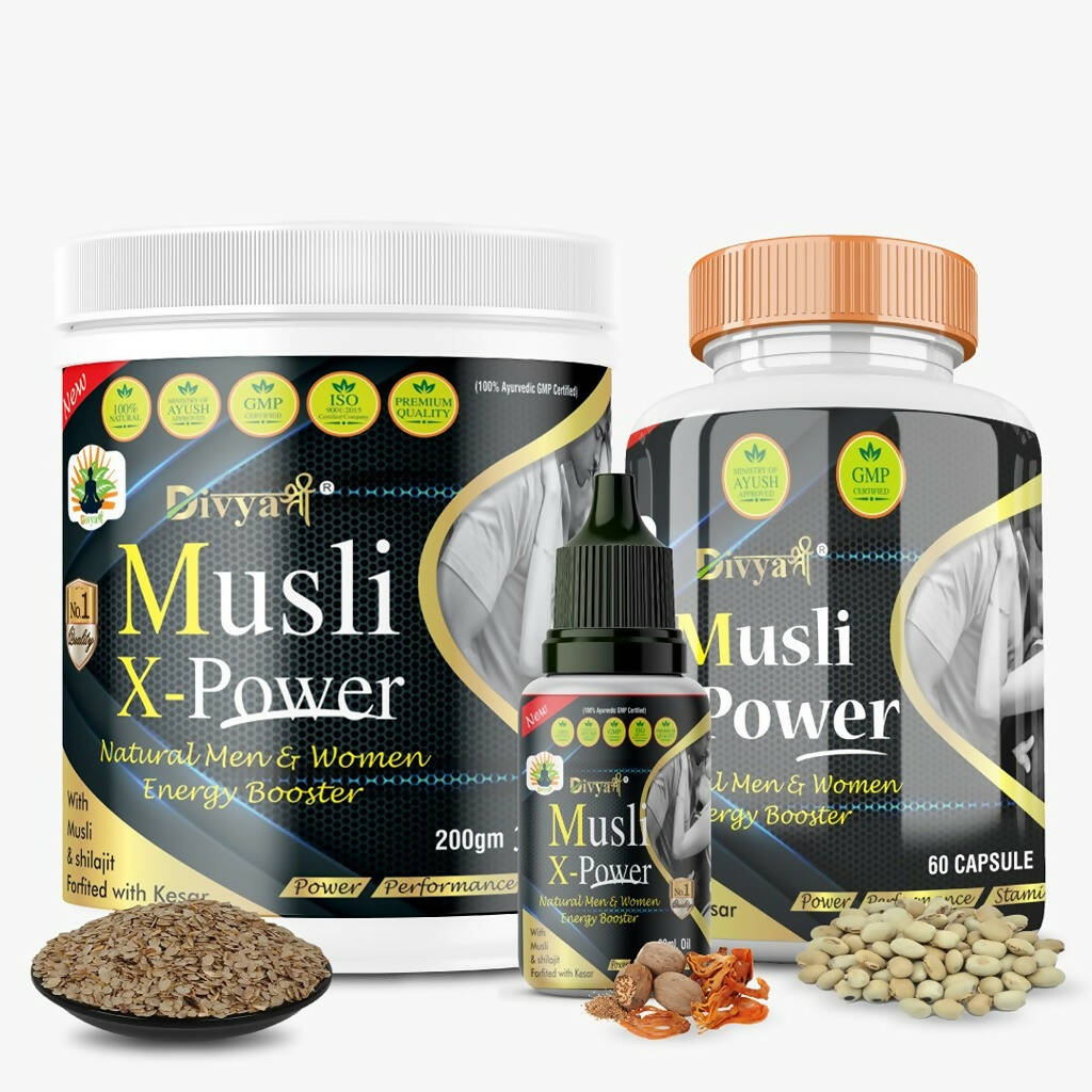 Buy Divya Shree Musli X-Power Cap, Oil and Prash Combo Online in USA from Chaijava. Fast shipping available.