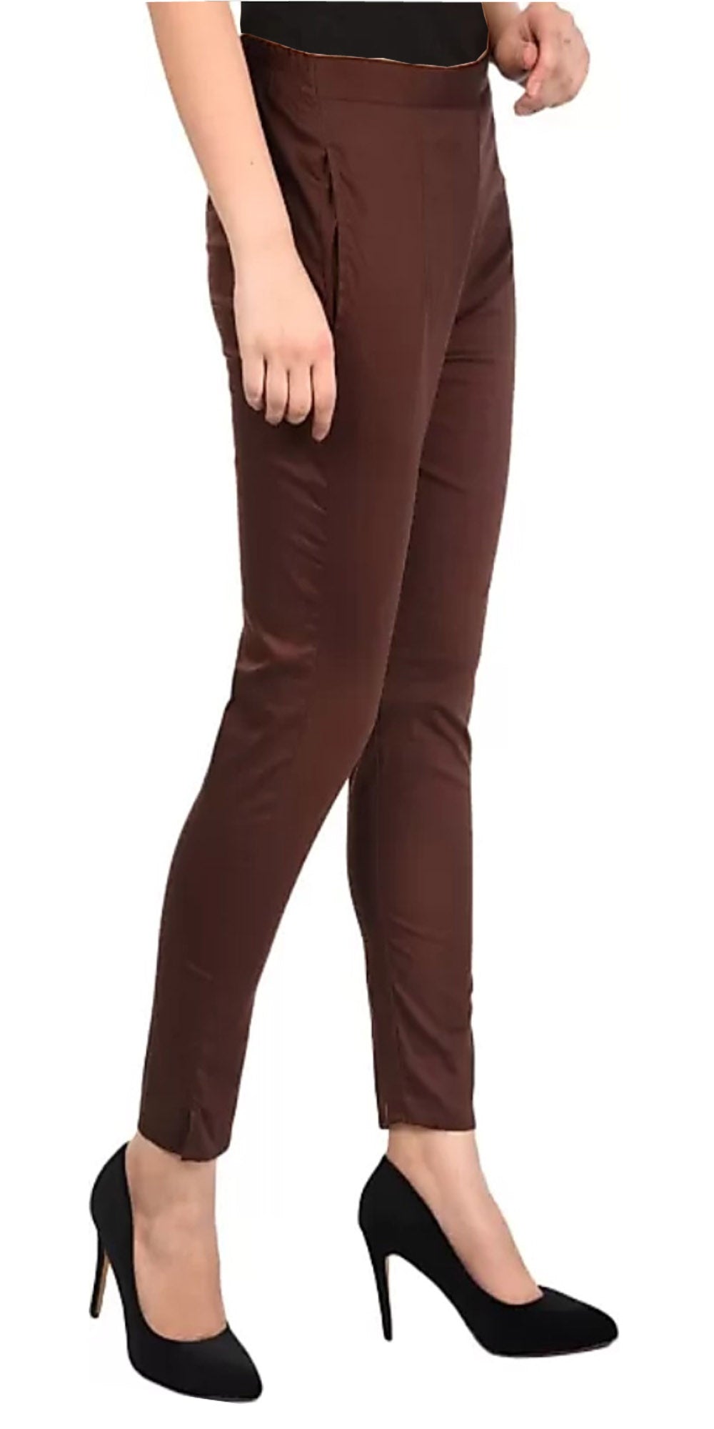 PAVONINE Coffee Color Stretchable Cotton Lycra Fabric Pencil Pant For Women