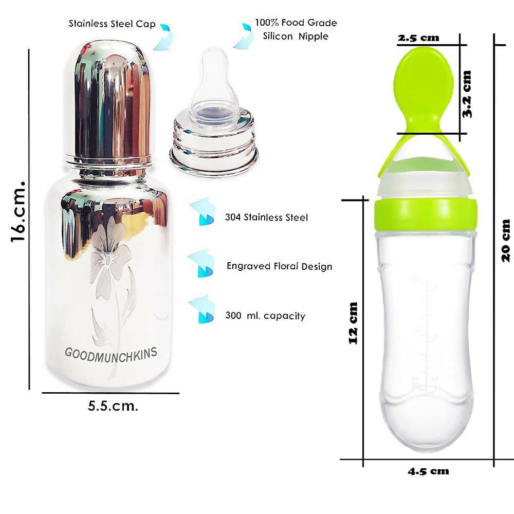 Goodmunchkins Stainless Steel Feeding Bottle, Food Feeder & Fruit Feeder Combo for Baby-(Green-Green, 300ml)