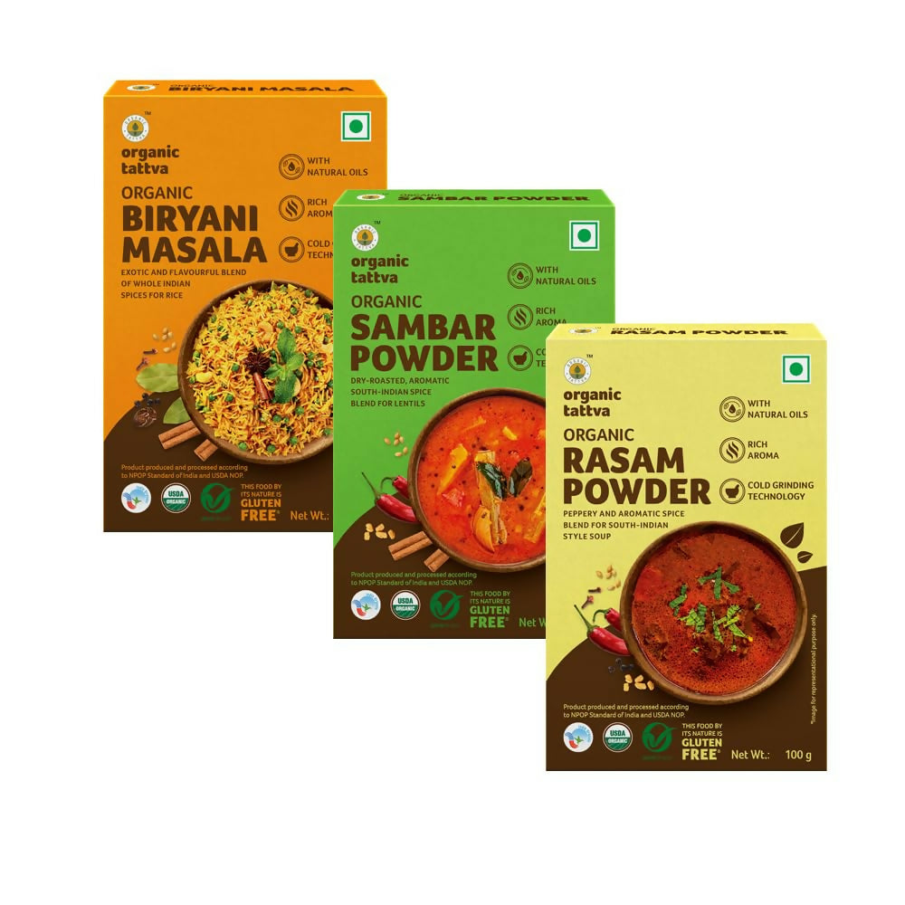 Organic Tattva South-Indian Masala Combo (100 Gm Each)- Sambar Powder, Rasam and Biryani Masala