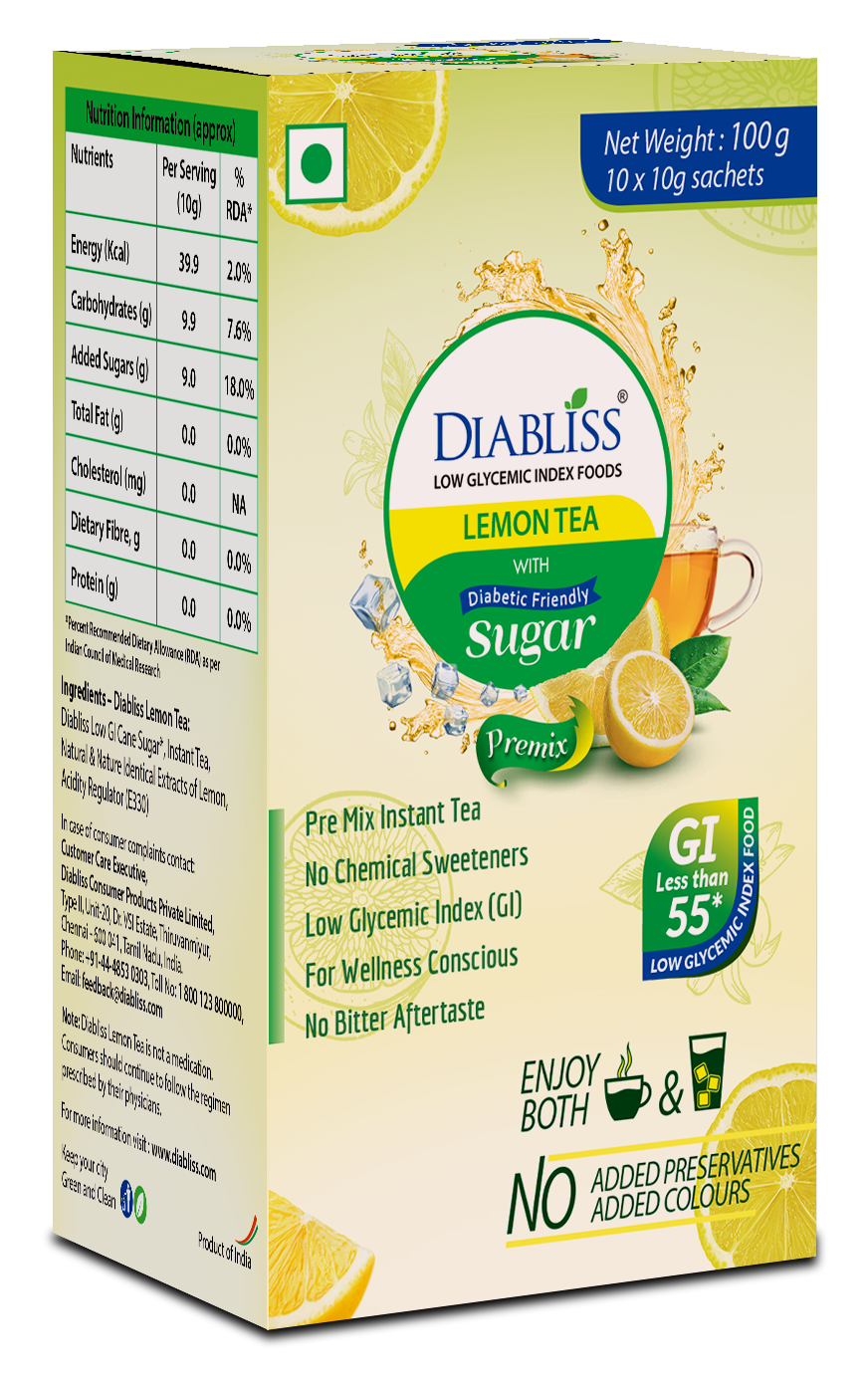 Diabliss Herbal Lemon Tea Sachets With Diabetic Friendly Sugar TrueCure