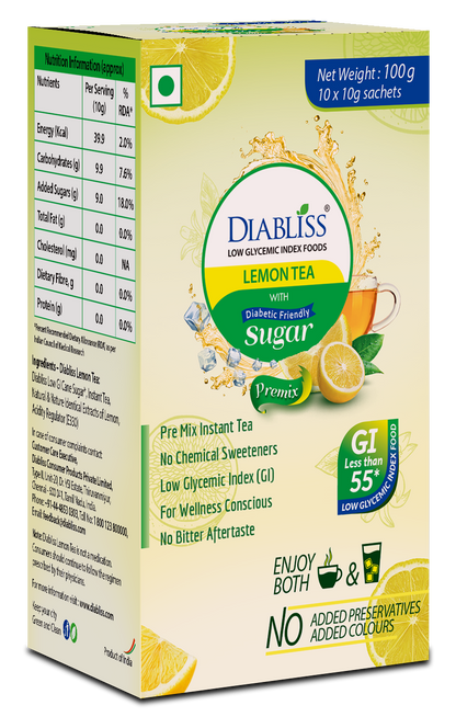 Diabliss Herbal Lemon Tea Sachets With Diabetic Friendly Sugar TrueCure