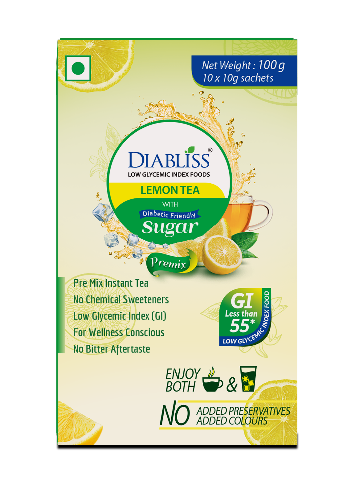 Diabliss Herbal Lemon Tea Sachets With Diabetic Friendly Sugar TrueCure