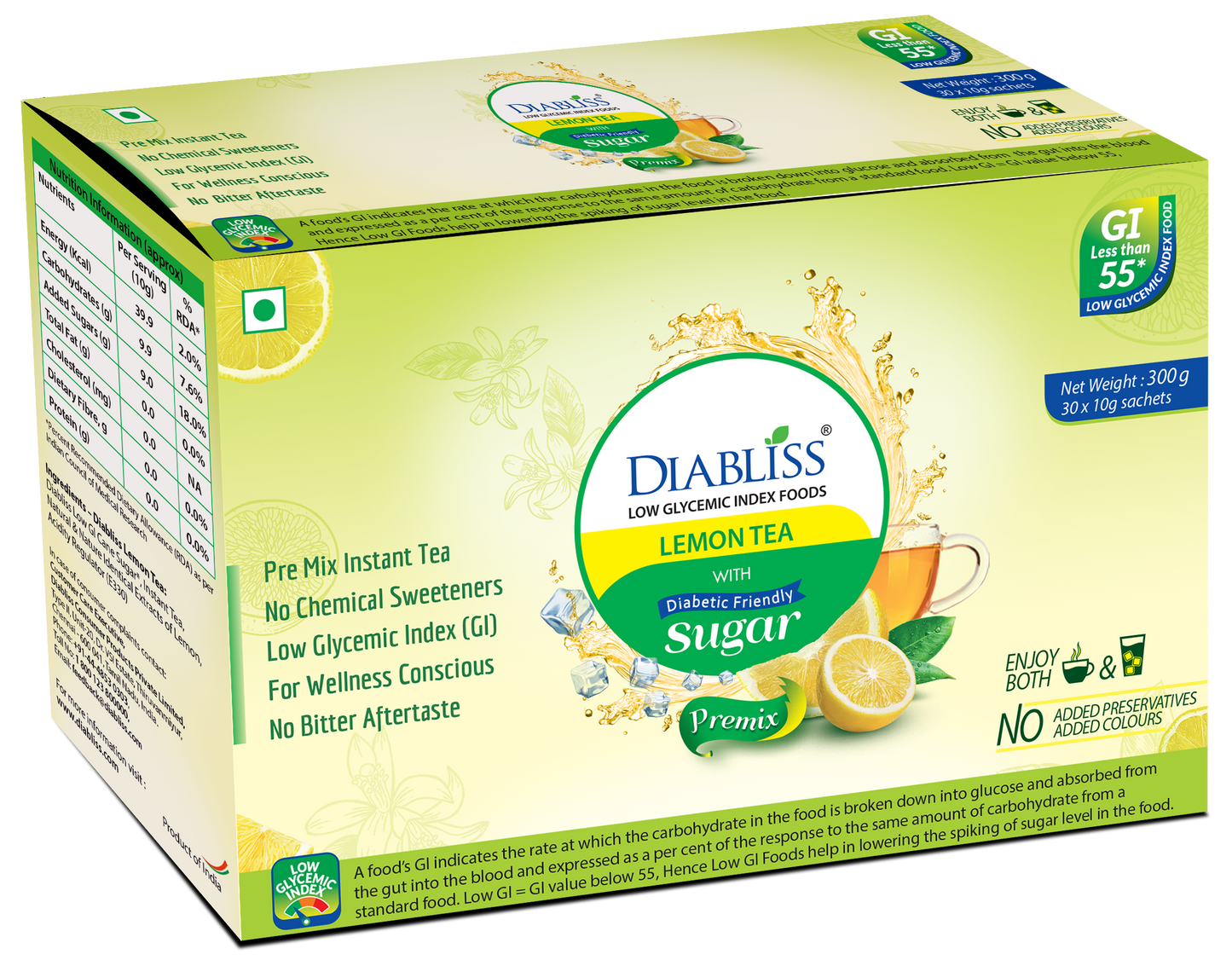 Diabliss Herbal Lemon Tea Sachets With Diabetic Friendly Sugar TrueCure