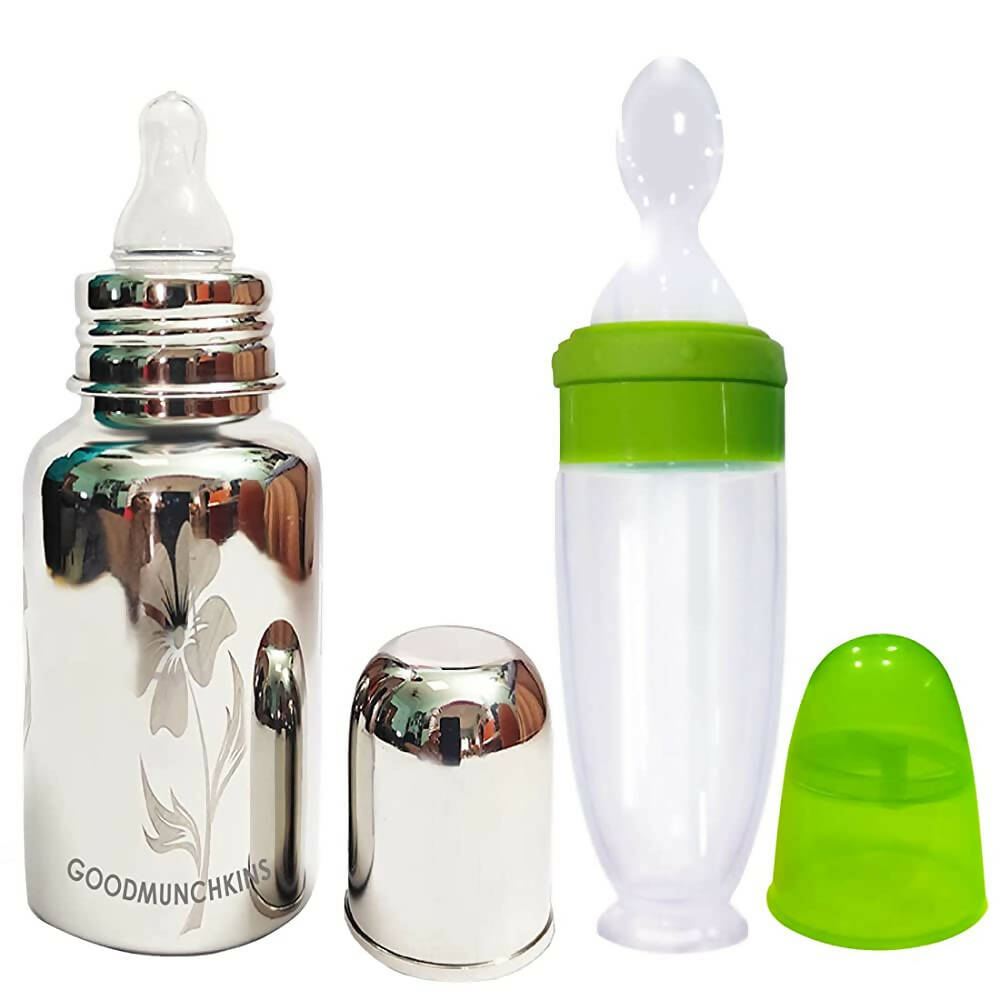 Goodmunchkins Stainless Steel Feeding Bottle 304 Grade Jointless & Spoon Food Feeder for Baby Nipple Feeder 300 ml Combo Pack-Green, Australia, Canada 