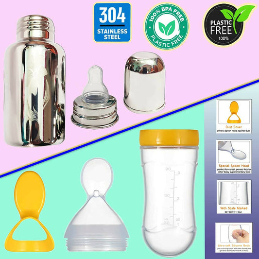 Goodmunchkins Stainless Steel Feeding Bottle, Food Feeder & Fruit Feeder Combo for Baby-(Green-Green, 300ml)