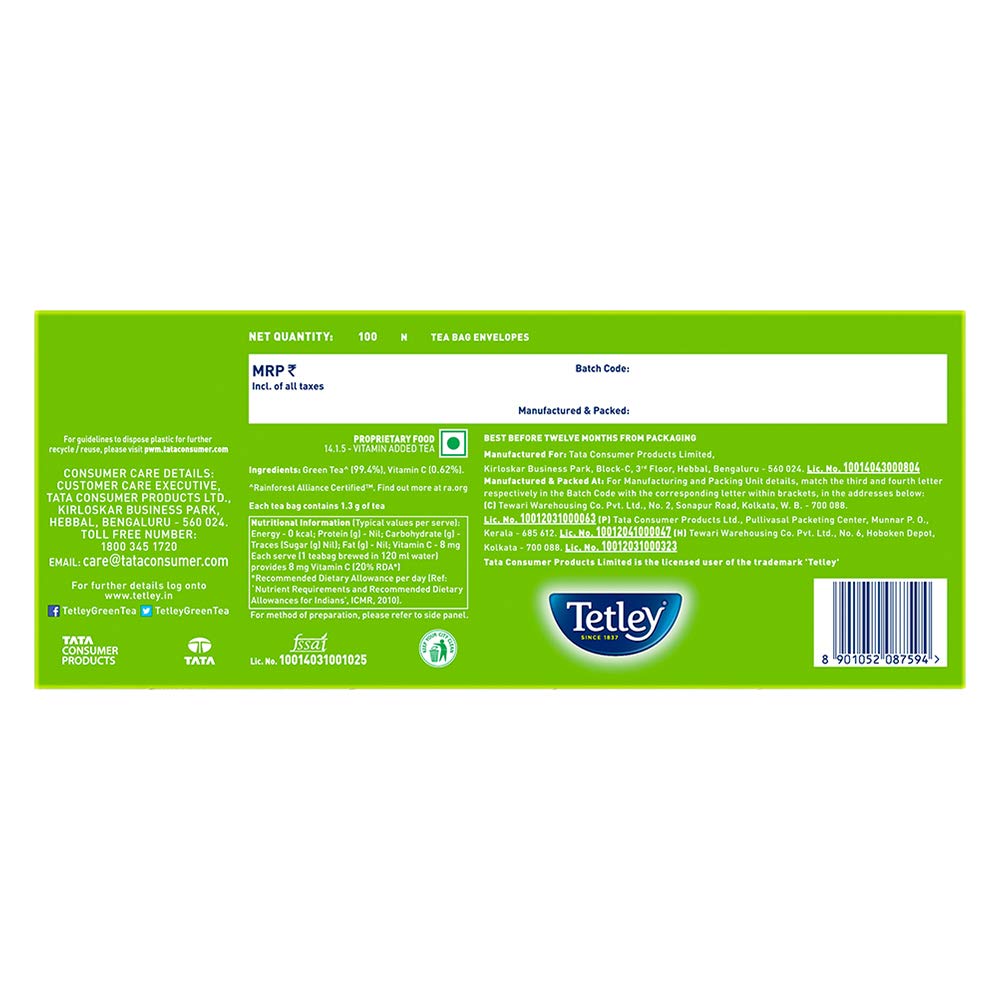 Tetley Green Tea Regular (100 Tea Bags)