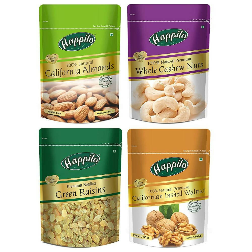 Happilo Premium Californian Almonds, Whole Cashews, Raisins & Walnuts Inshell Combo TrueCure