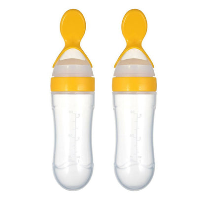 Safe-O-Kid Easy Set of 2 Squeezy Silicone Food Feeder Spoon (Soft Tip) Bottle- Yellow- 90mL