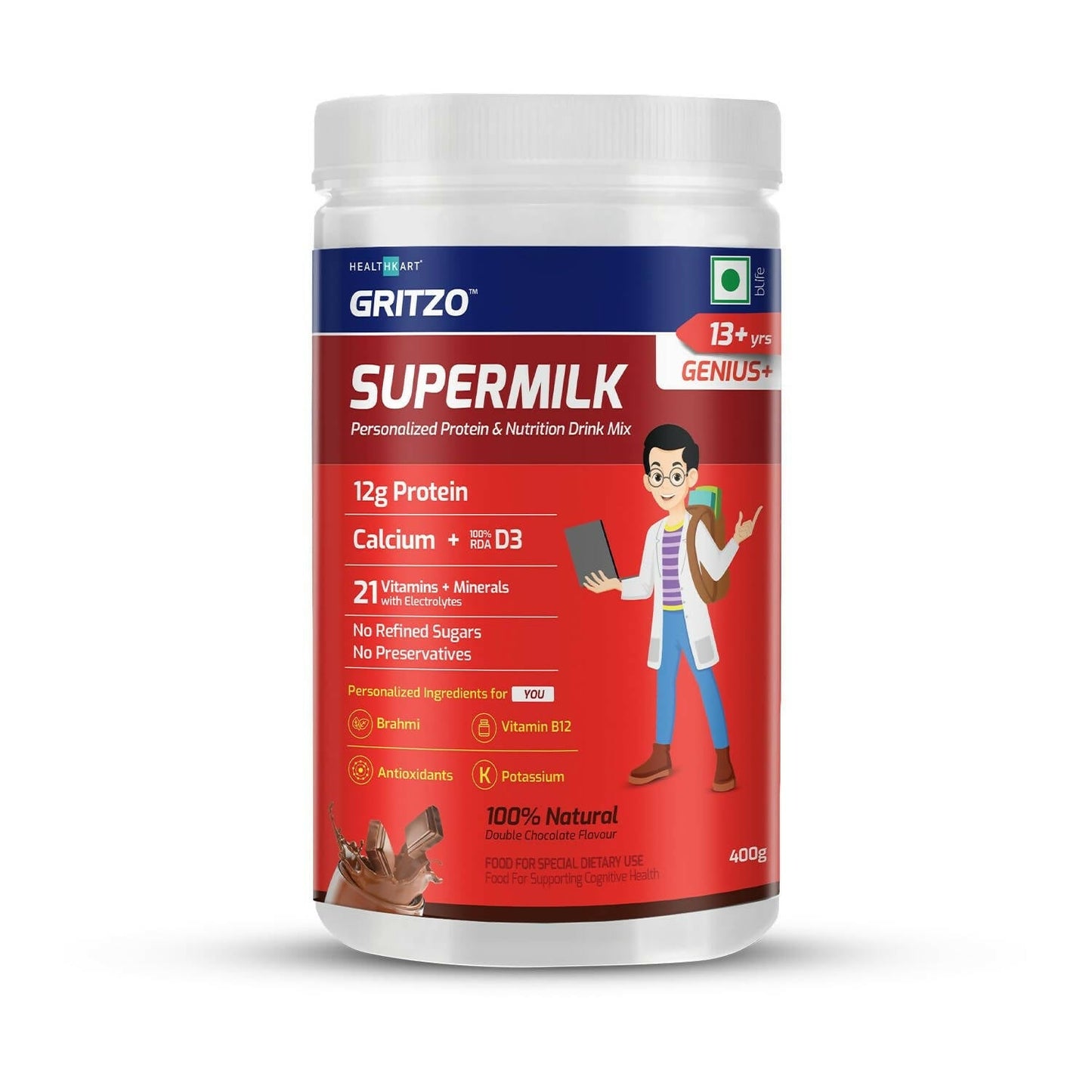 Gritzo Supermilk Genius+ Health Drink For 13+Y Boys Double Chocolate TrueCure