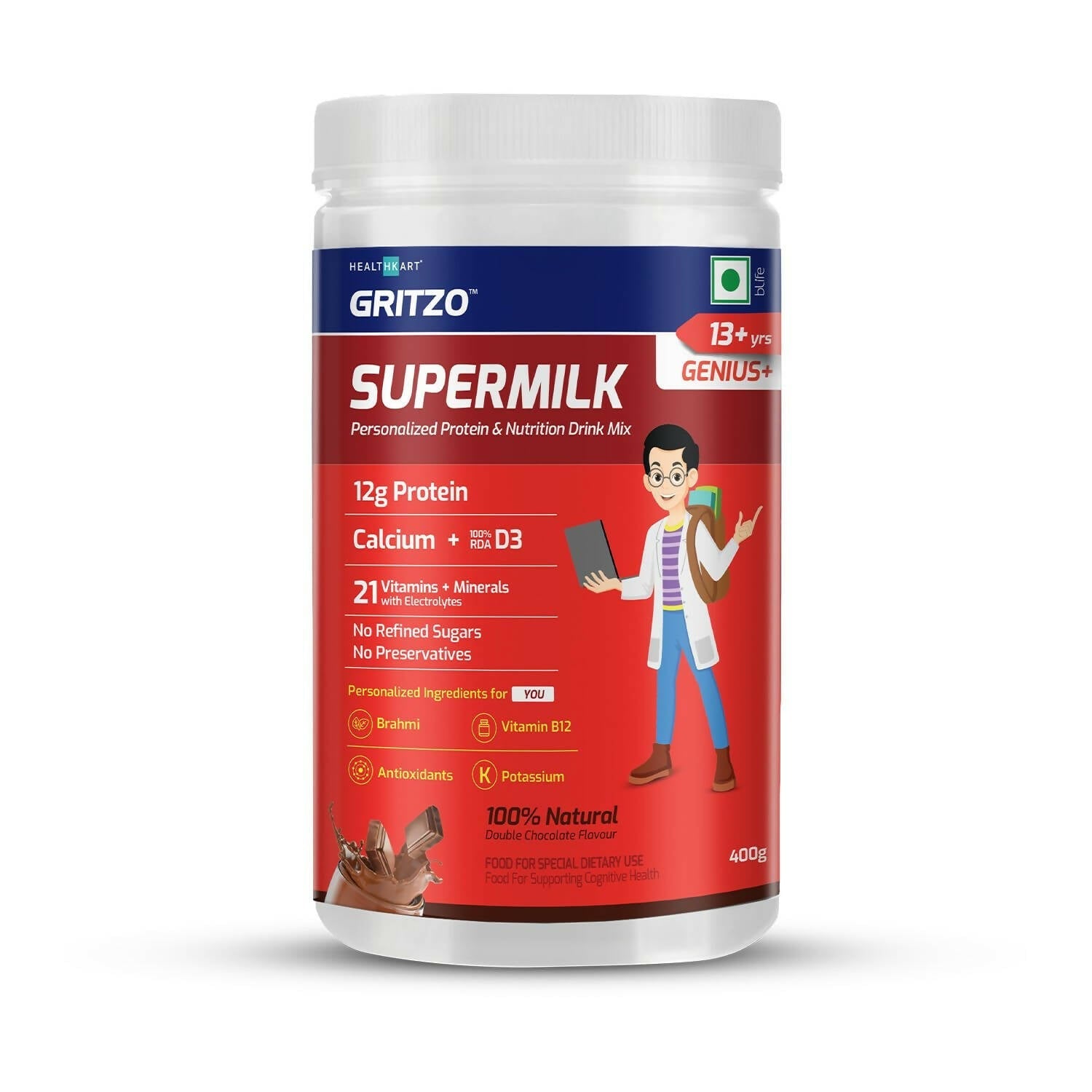 Gritzo Supermilk Genius+ Health Drink For 13+Y Boys Double Chocolate TrueCure