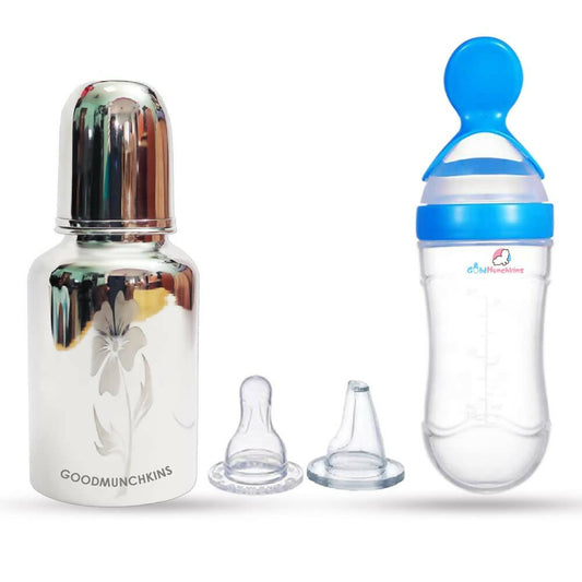 Goodmunchkins Stainless Steel Feeding Bottle & Spoon Food Feeder Anti Colic Silicone Nipple Combo-(Blue, 300ml), Australia, Canada 