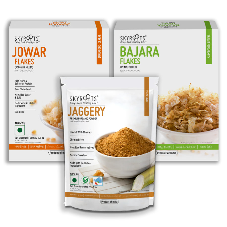 Skyroots Bajara Flakes + Jowar Flakes + Organic Jaggery Powder Combo Pack TrueCure