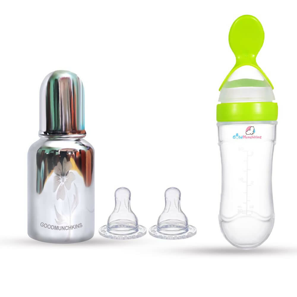 Goodmunchkins Stainless Steel Feeding Bottle & Spoon Food Feeder Anti Colic Silicone Nipple Combo-(Green,150ml), Australia, Canada 