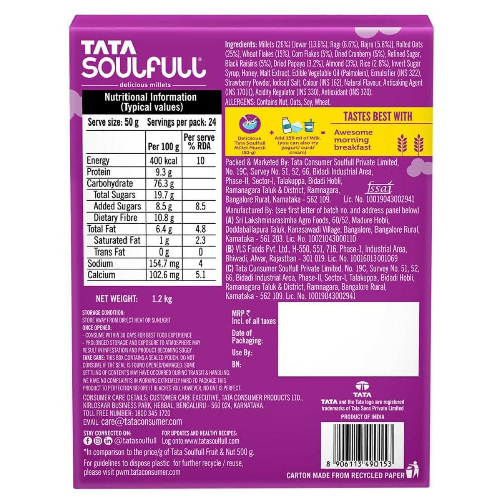 Tata Soulfull Millet Muesli Breakfast Cereals (Fruit & Nut)