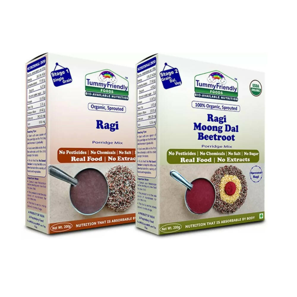 TummyFriendly Foods Organic Sprouted Ragi and Organic Sprouted Ragi, Moong Dal, Beetroot Porridge Mixes Combo, Australia, Canada 