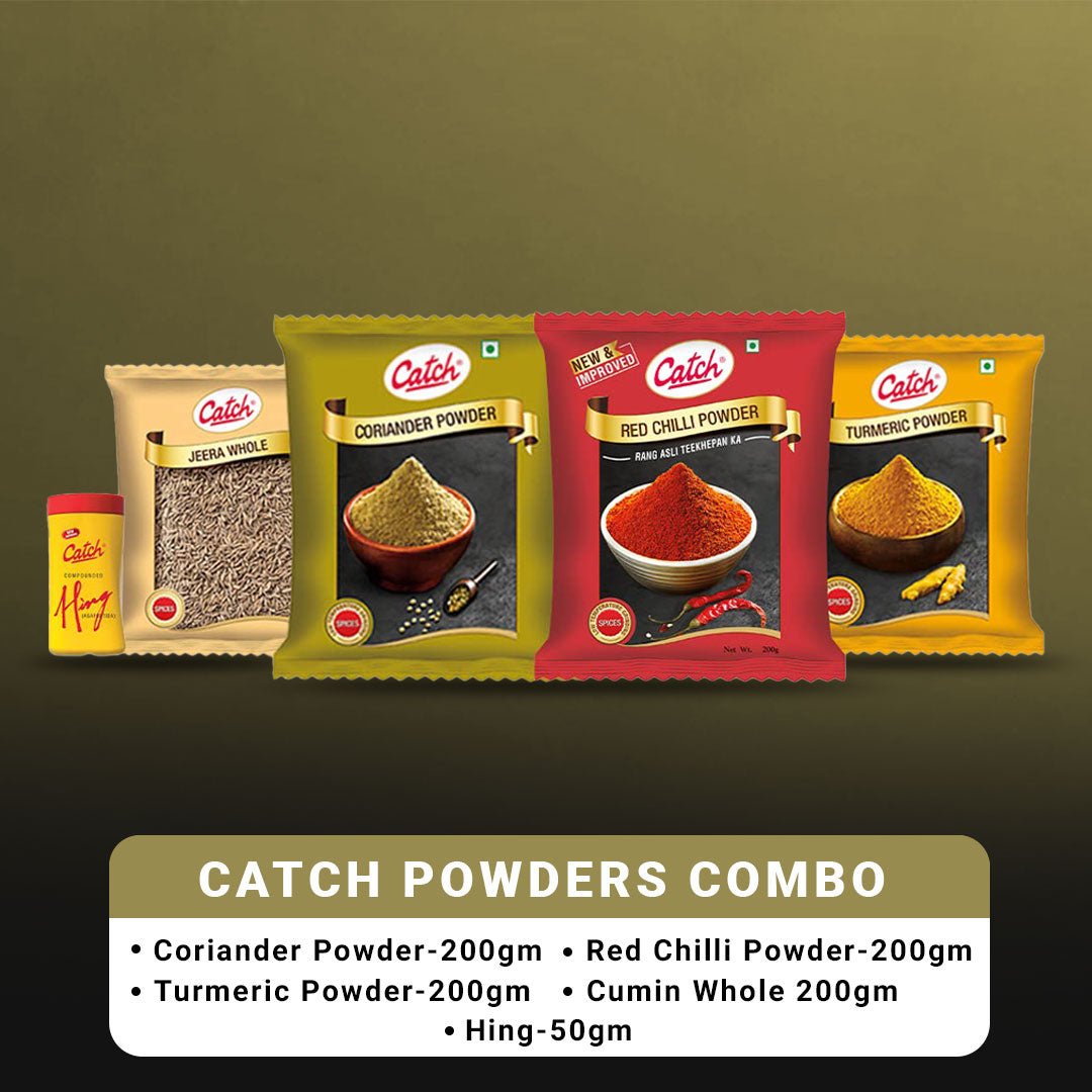 Catch Masala & Spices Combo Five Pack - Coriander Powder 200 gms + Turmeric Powder 200 gms + Red Chilli Powder 200 gms + Cumin Whole 200 gms + Hing 50 gms