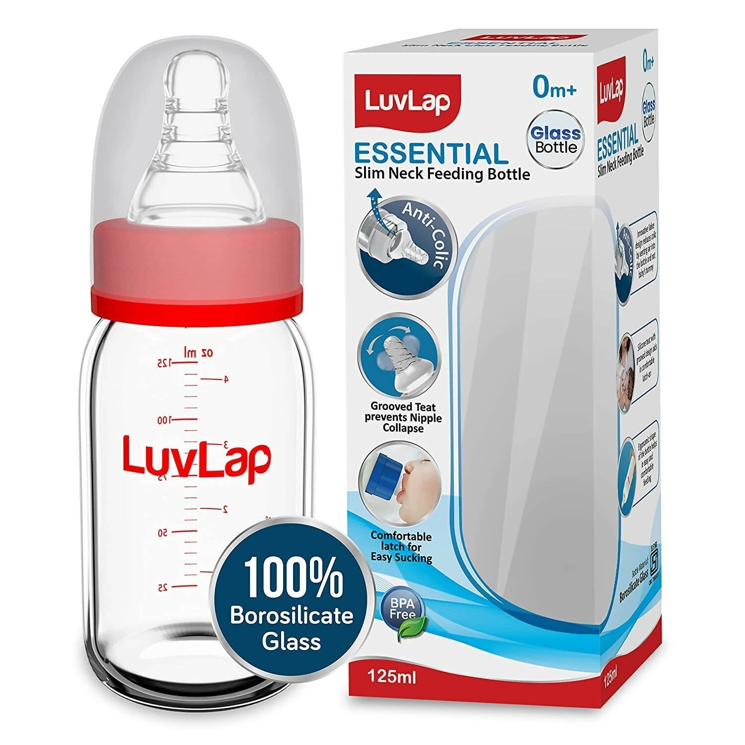 LuvLap Essential Slim Neck Glass Feeding Bottle, Australia, Canada 