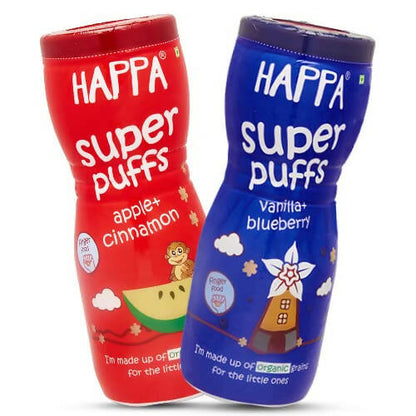 Happa Organic Multigrain Vanilla Blueberry & Apple Cinnamon Melts Super Puffs Combo (8 Months+), Australia, Canada 