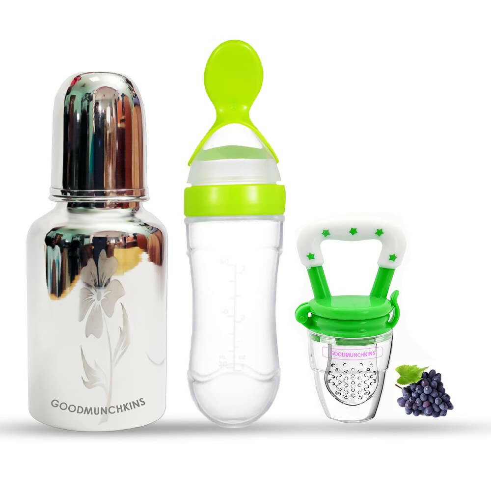 Goodmunchkins Stainless Steel Feeding Bottle, Food Feeder & Fruit Feeder Combo for Baby (Green-Green, 220ml), Australia, Canada 