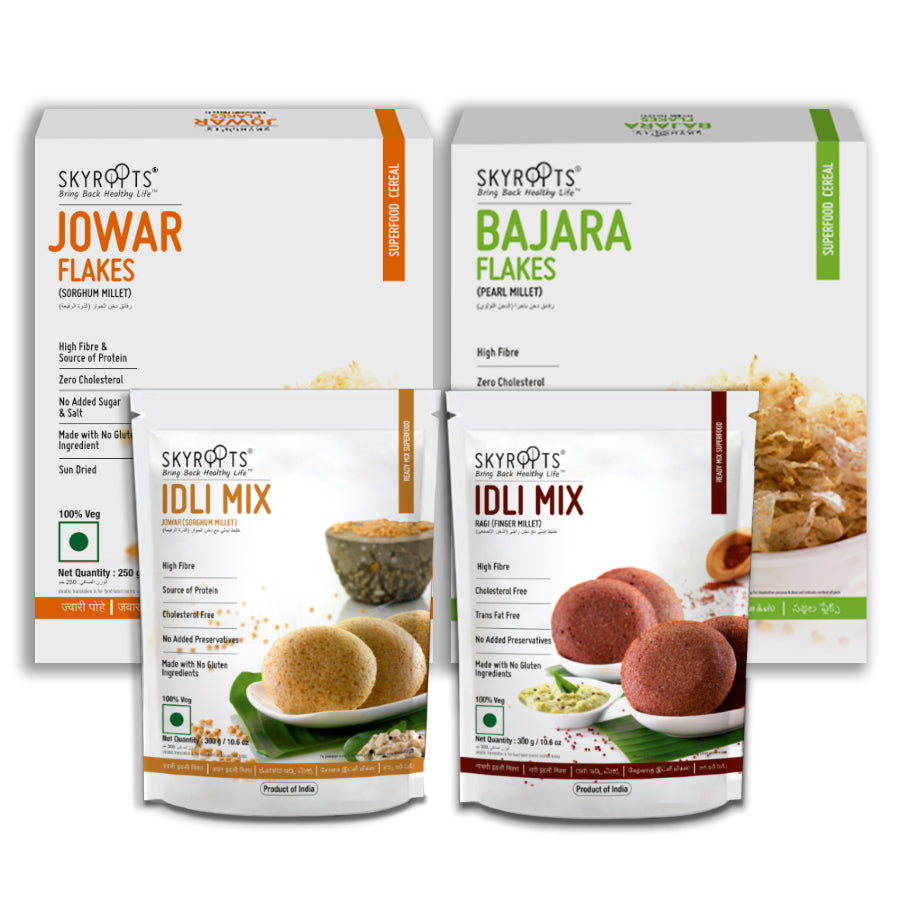 Skyroots Jowar Flakes + Bajara Flakes + Ragi Idli Mix + Jowar Idli Mix Combo Pack, Australia, Canada 