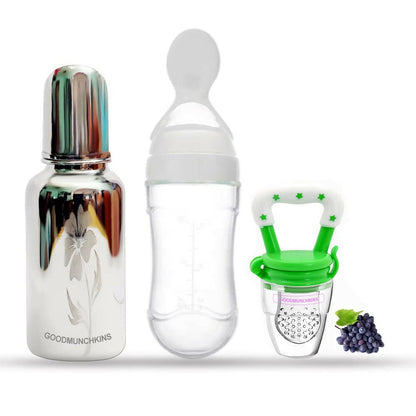 Goodmunchkins Stainless Steel Feeding Bottle, Food Feeder & Fruit Feeder Combo for Baby-(White-Green, 220ml), Australia, Canada 