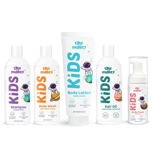 Tiny Mighty Kids Body Wash, Body Foam Wash, Body Lotion, Shampoo & Hair Oil Combo, Australia, Canada 