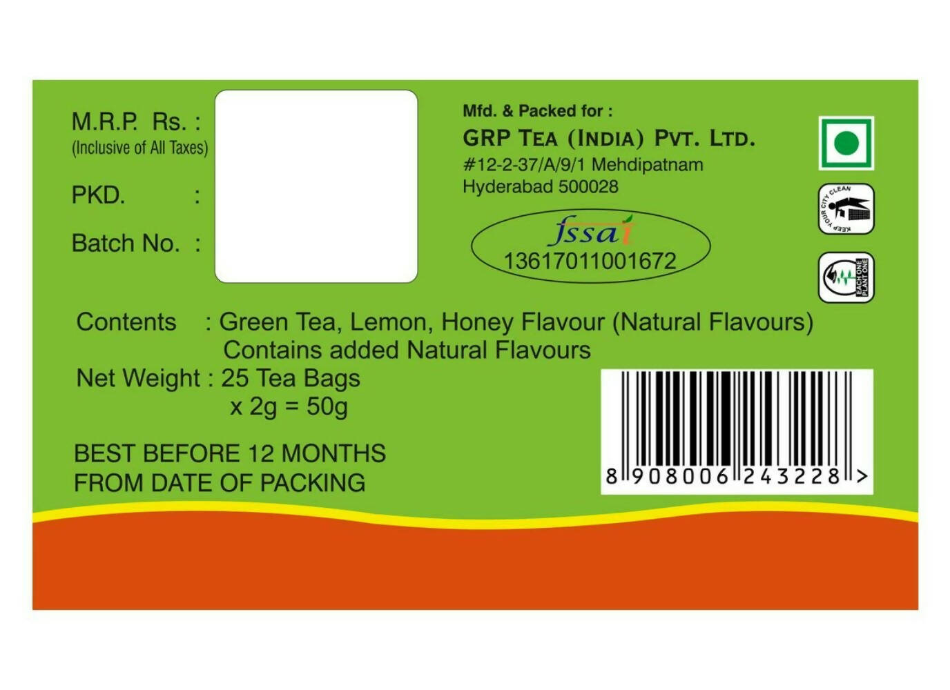 Tanza Tea Slim Green Tea Bags Lemon Honey