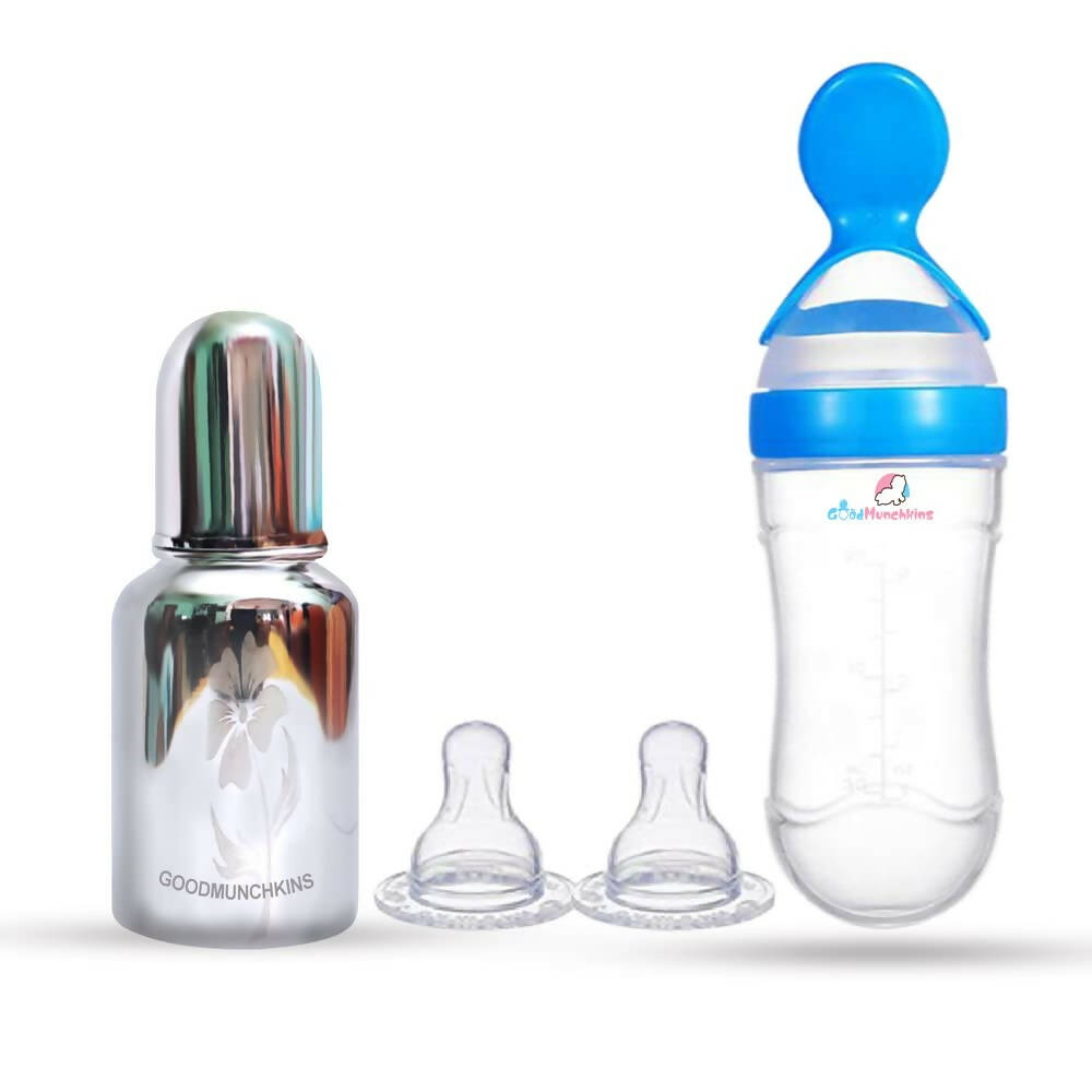 Goodmunchkins Stainless Steel Feeding Bottle & Spoon Food Feeder Anti Colic Silicone Nipple Combo-(Blue, 150ml), Australia, Canada 