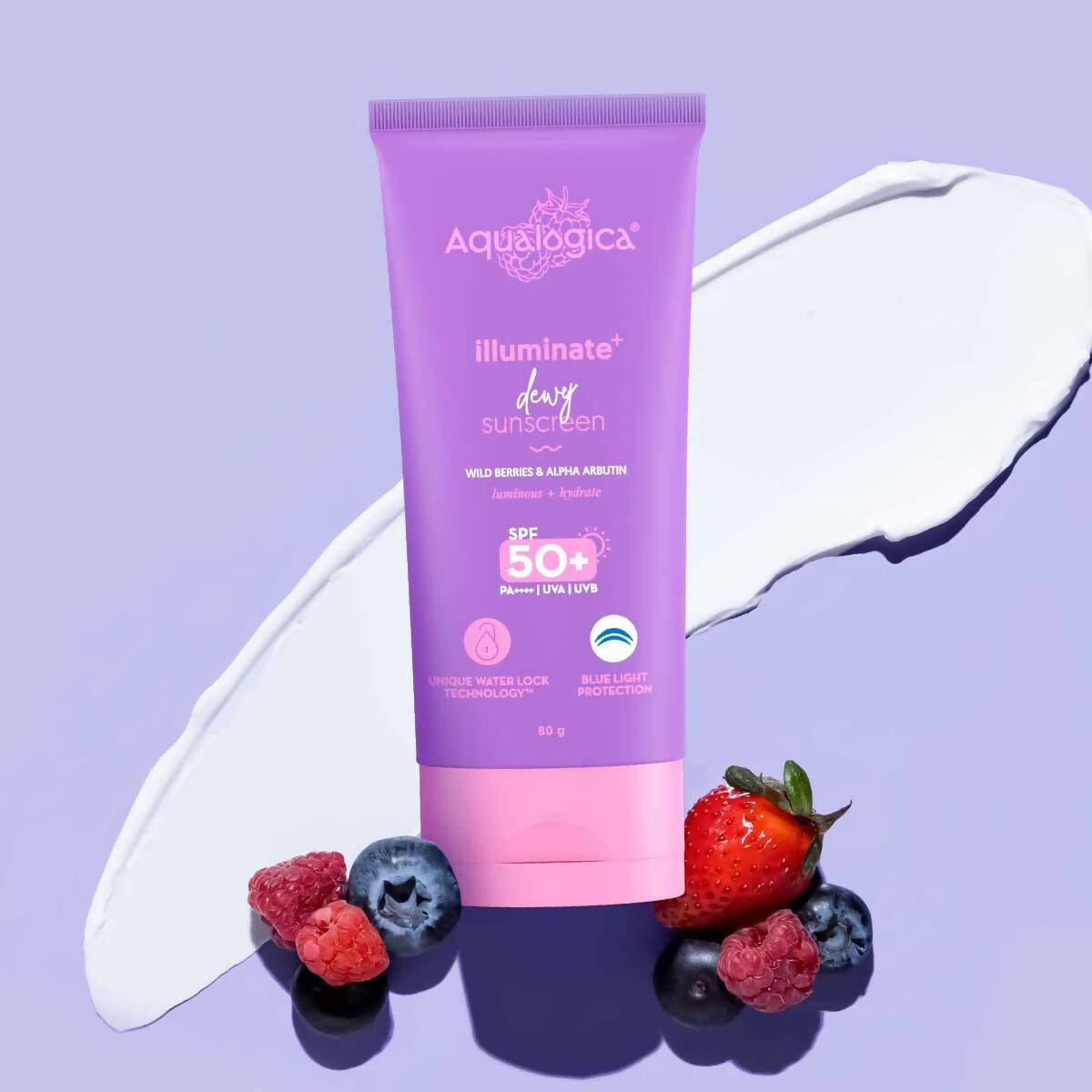 Aqualogica Illuminate+ Dewy Sunscreen SPF 50+ PA++++ with Wild Berries & Alpha Arbutin, Protection Against Uva/B & Blue Light Protection