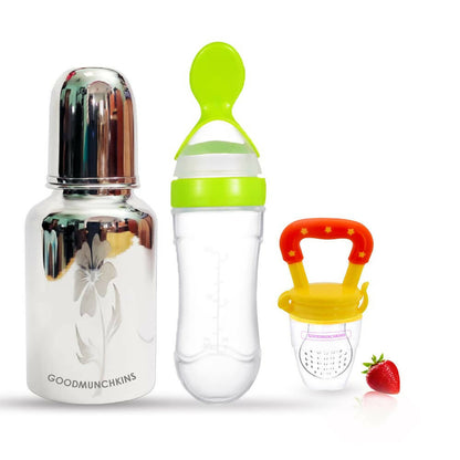 Goodmunchkins Stainless Steel Feeding Bottle, Food Feeder & Fruit Feeder Combo for Baby-(Green-Yellow, 300ml), Australia, Canada 