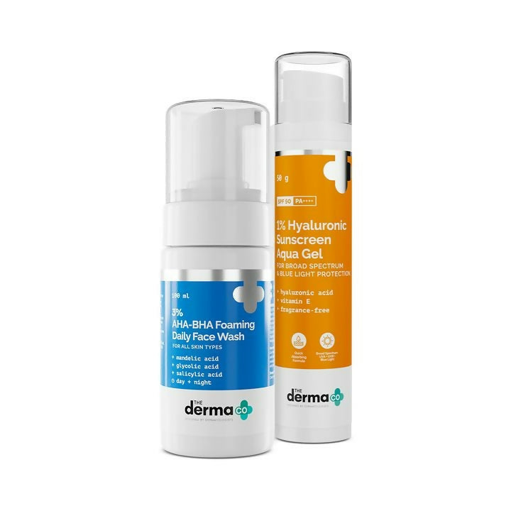 The Derma Co1% Hyaluronic Sunscreen Aqua Gel + 3% AHA+BHA Foaming Daily Face Wash - Drmedicart