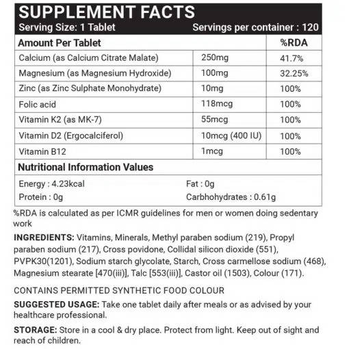 Inlife Calcium Zinc Magnesium Vitamin D2+K2 Tablets