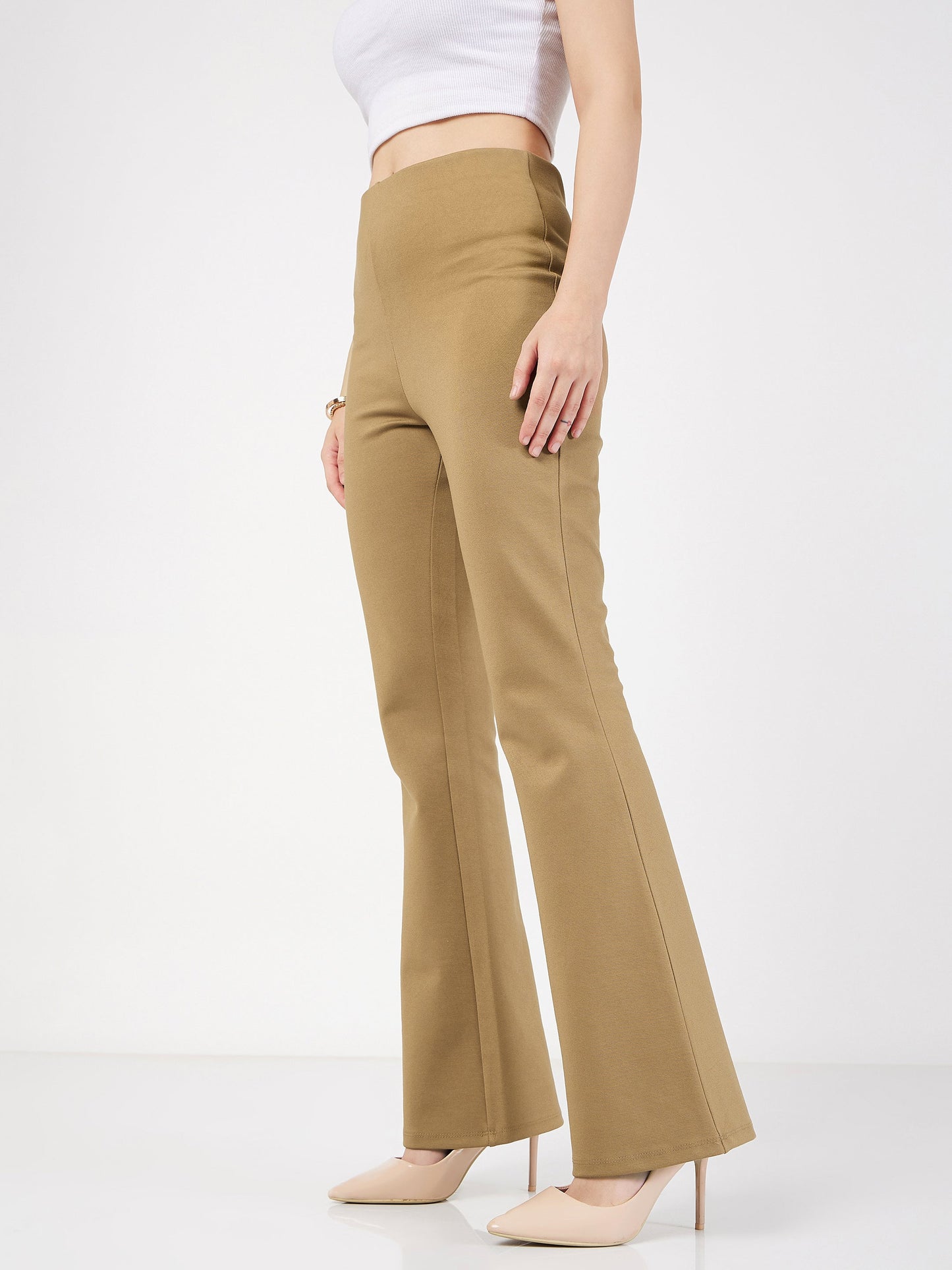 Lyush Women Beige Bell Bottom 4-Way Stretch Pants