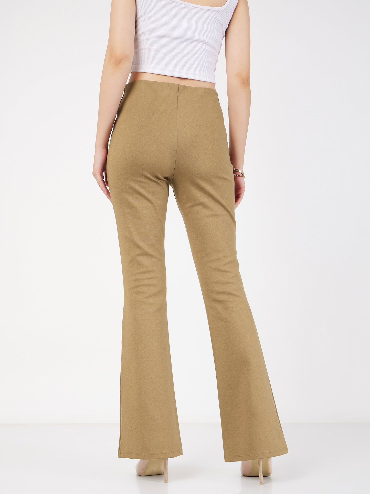 Lyush Women Beige Bell Bottom 4-Way Stretch Pants