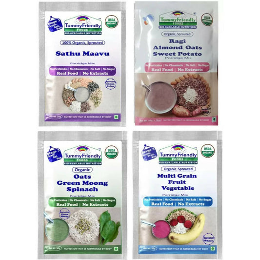 TummyFriendly Foods Certified Stage3 Porridge Mixes Trial Packs Ragi, MultiGrain, Oats, Sathu Maavu for 8 Months Old Baby, Australia, Canada 