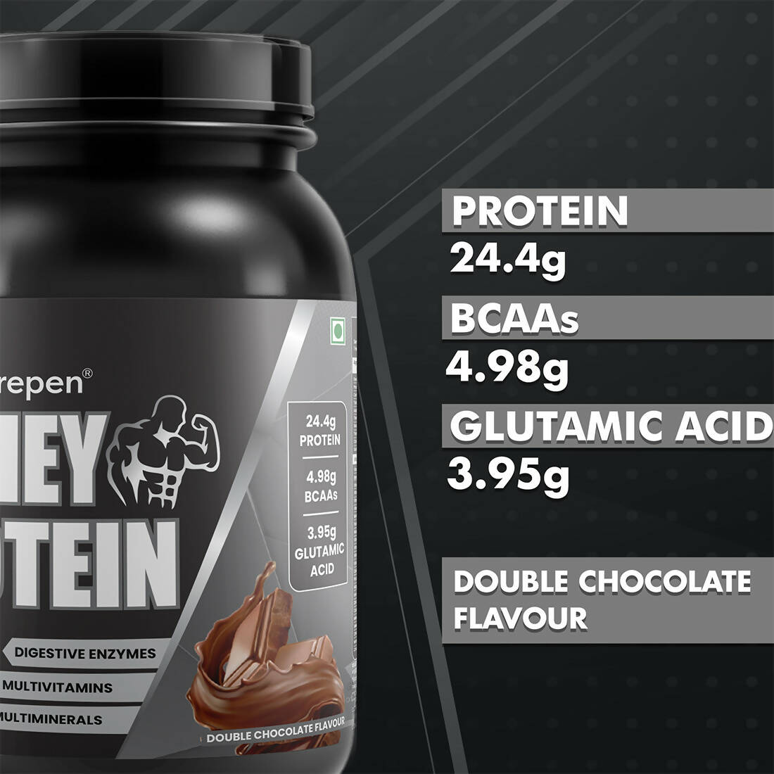 Dr. Morepen 100% Whey Protein infused with Digestive Enzymes, Multivitamins, & Multiminerals in Double Chocolate Flavour