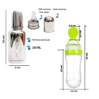 Goodmunchkins Stainless Steel Feeding Bottle, Food Feeder & Fruit Feeder Combo for Baby (Green-Green, 220ml)