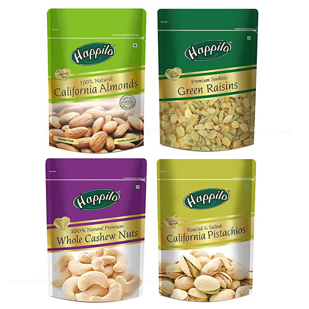 Happilo Premium Dry Fruits Combo (California Almonds, Raisins, Whole Cashews, Roasted Pistachios) TrueCure