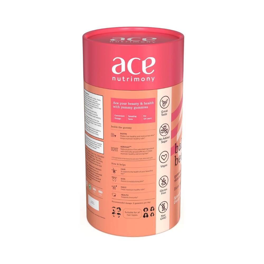 Ace Nutrimony Biotin Balanced Beauty Hair Gummies for Skin and Nails with Clinically Proven Keranat, Biotin - Strawberry