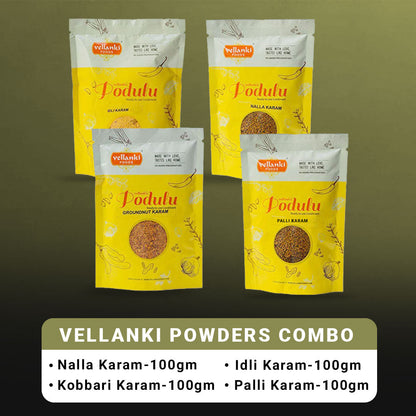 Vellanki Foods Powders 4 Pack Combo (Each 250 gm) - Nalla Karam, Idli Karam, Kobbari Karam, Palli Karam