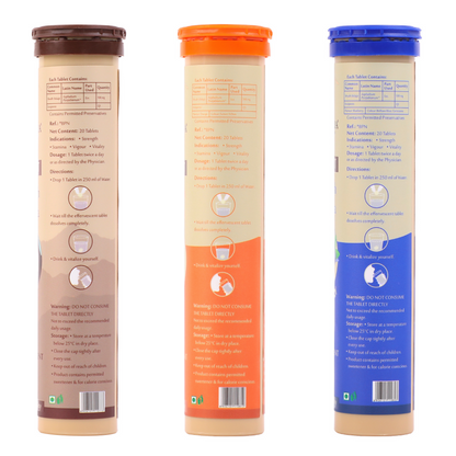 Upakarma Ayurveda Pure SJ Effervescent Tablets in 3 Unique Flavors (Pure SJ, Orange & Blueberry) Combo