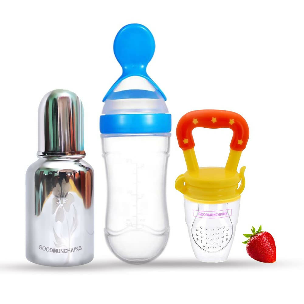 Goodmunchkins Stainless Steel Feeding Bottle, Food Feeder & Fruit Feeder Combo for Baby-(Blue-Yellow, 150ml), Australia, Canada 