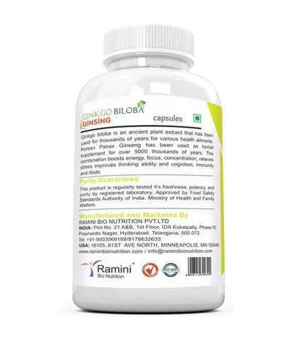 Ramini Bio Nutrition Ginkgo Biloba With Ginseng 500mg Veg Capsules