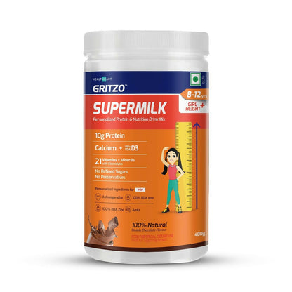 Gritzo SuperMilk Height+ Health Drink for 8-12y Girls - Double Chocolate Flavor