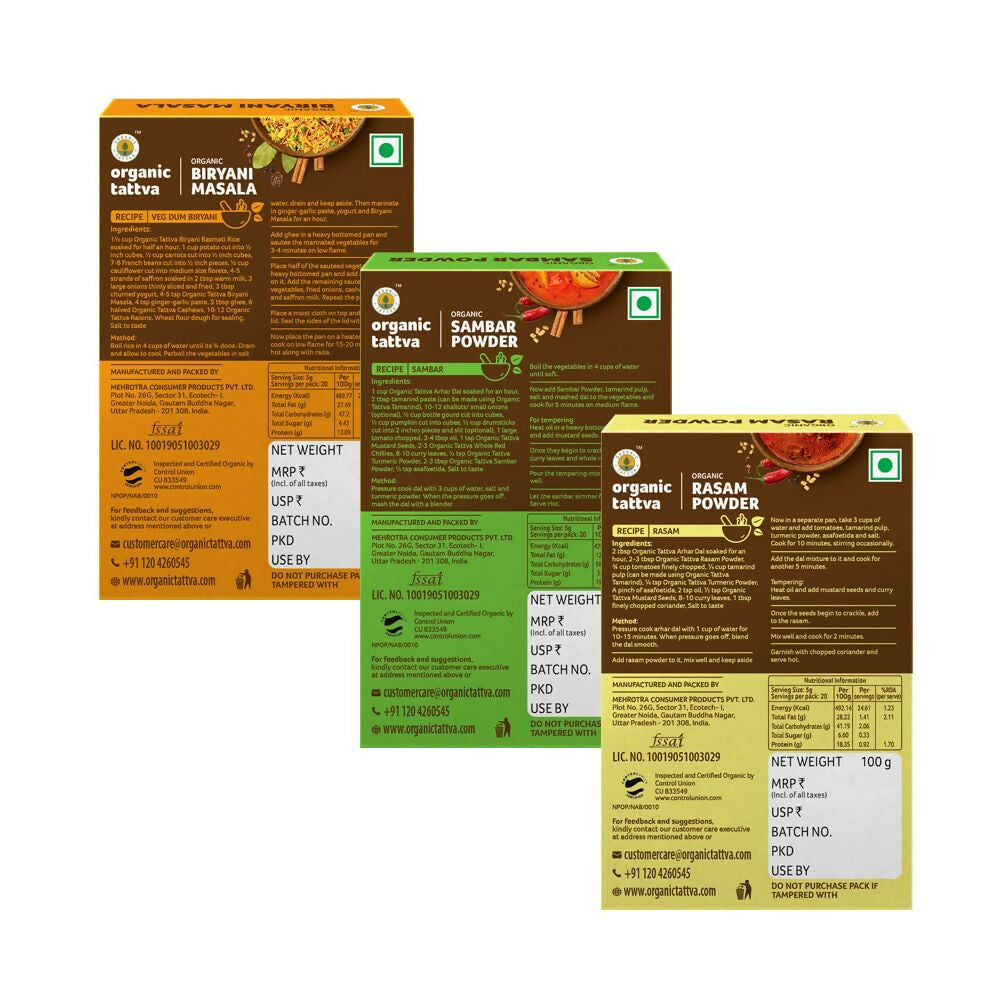 Organic Tattva South-Indian Masala Combo (100 Gm Each)- Sambar Powder, Rasam and Biryani Masala