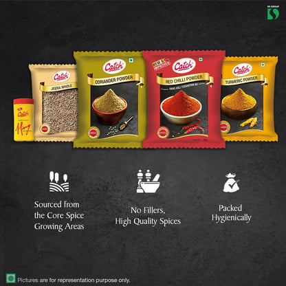 Catch Masala & Spices Combo Five Pack - Coriander Powder 200 gms + Turmeric Powder 200 gms + Red Chilli Powder 200 gms + Cumin Whole 200 gms + Hing 50 gms