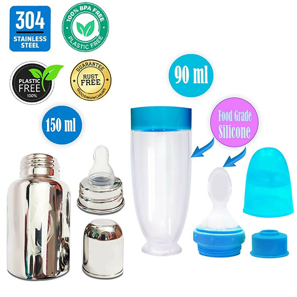 Goodmunchkins Stainless Steel Feeding Bottle for Baby Anti Colic Silicon Nipple Feeder 150 ml Combo Pack-Blue